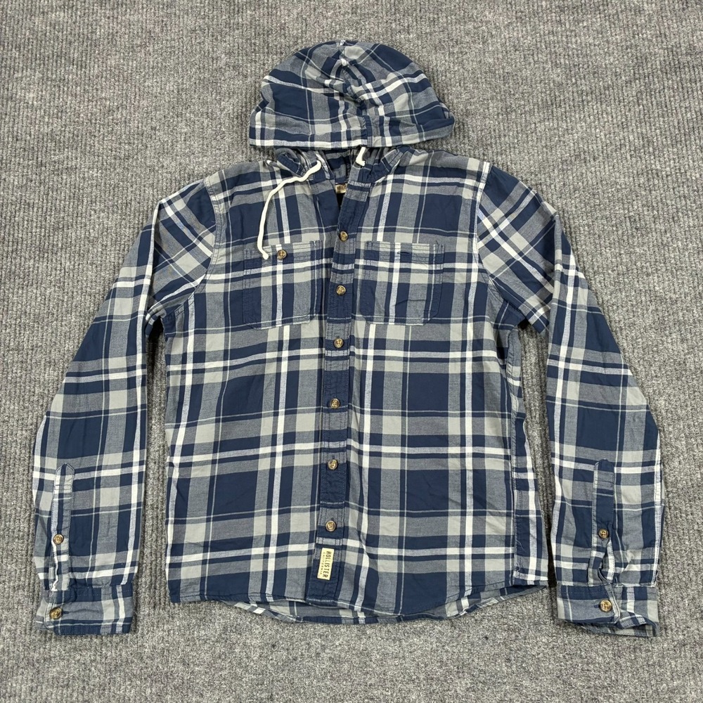Hollister Mens XL Blue Plaid Hooded Button Up Shirt Long Sleeve Cotton Hoodie